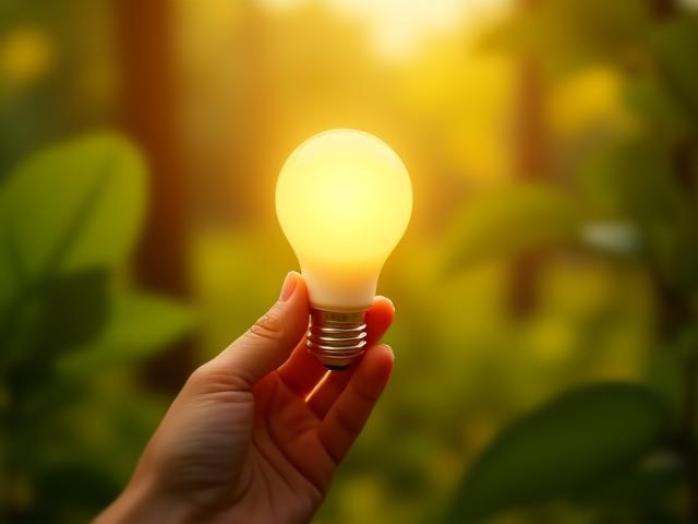 Hand holding lightbulb with nature background